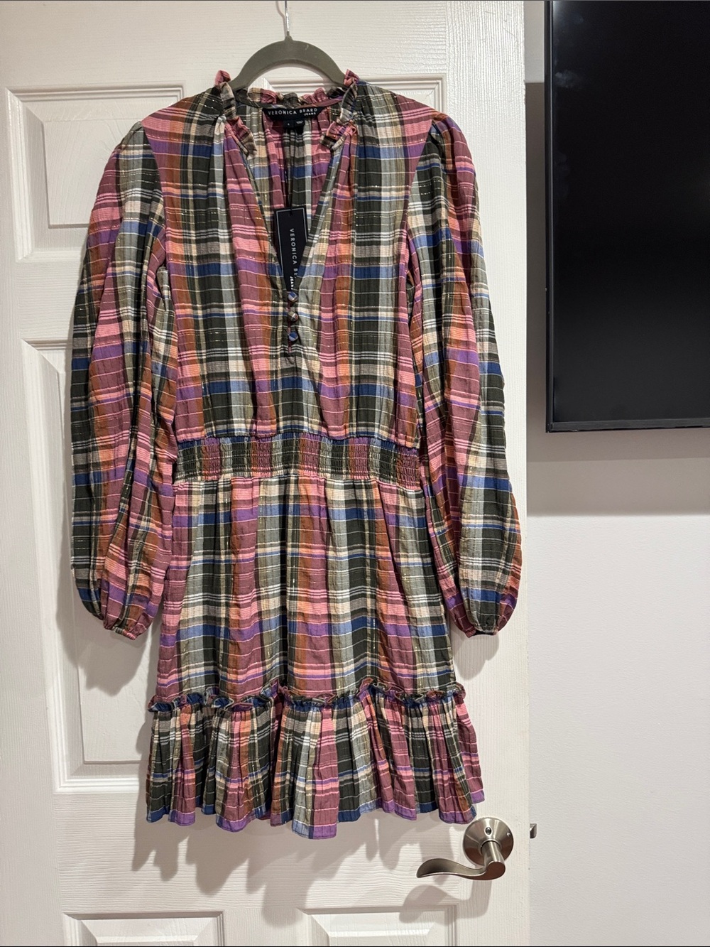 Veronica Beard Pink and Olive Plaid Ruffle-Hem Midi Dress size 4